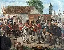 Argentina, depiction of early 19th century. A masacalla, used by Afro-Argentines, has two ponytails and a pointed tip (like a Chinese hat).