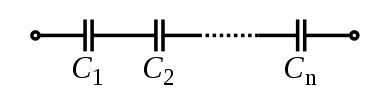 A diagram of several capacitors, connected end to end, with the same amount of current going through each.