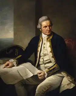 Image 11Famous official portrait of Captain James Cook who proved that waters encompassed the southern latitudes of the globe. "He holds his own chart of the Southern Ocean on the table and his right hand points to the east coast of Australia on it." (from Southern Ocean)