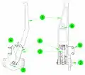 The Capture Latch is a rotating four-bar linkage.  Attached to the chassis (1), an actuator (not shown) applies torque to the drive axle (2), rotating the drive arm (3).  The arm pushes the “dogleg assembly” (4) around, which torques the outer clevis of the Capture Arm (5).  The Capture Arm rotates about the end of the Follower linkage (6), the other end of which rotates about the axle.  When deployed, the latch trips a switch (not shown).  When fully closed it is locked by a hook (7) passing through the hole (8) in the Capture Arm.