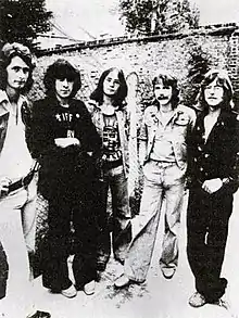 Caravan in 1974; from left to right: Pye Hastings, Geoffrey Richardson, Mike Wedgwood, Richard Coughlan and Dave Sinclair.