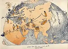 The Twentieth Century, a 1910 cartoon, representing Europe and Japan as prosperous developed civilizations and Asia as oppressed lower class. The comment in Azeri reads: "The state of the continents in the twentieth century"