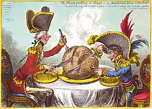 Image 12James Gillray's The Plumb-pudding in Danger (1805). The world being carved up into spheres of influence between Pitt and Napoleon. According to Martin Rowson, it is "probably the most famous political cartoon of all time—it has been stolen over and over and over again by cartoonists ever since." (from Political cartoon)