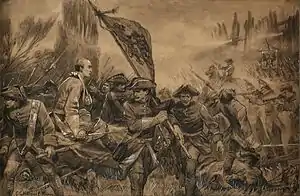 Charles XII being carried away from the battle of Stresow after having suffered a bullet wound to his chest.