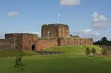 Image 75Carlisle Castle – begun by William Rufus in 1092; rebuilt in stone under Henry I, 1122–35, and David I of Scotland, 1136–1153 (from History of Cumbria)