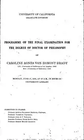 Black and white scan of the program for Caroline Brady's dissertation defense