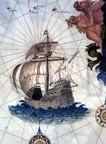 An illustration from an old map which shows a wooden sailing vessel with a square-rigged foresail, a square-rigged main mast with main and topsail, and a lateen sail aft over a very high stern