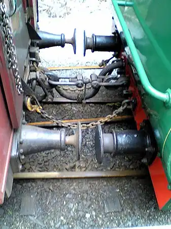 Screw-tensioned three-link coupling, shown attached but not yet tensioned; when tightened, the turnbuckle draws the buffers together, eliminating jarring and shocks when starting or slowing the train. The thin buffers of the left-hand vehicle are sprung; the thicker buffers on the right contain a hydraulic damper. The sprung buffers allow for some train articulation even when the cars are drawn firmly together.