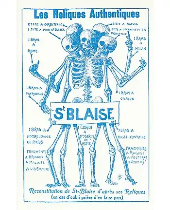 Skeletal reconstruction of Saint Blaise from relics, with extra limbs and skulls