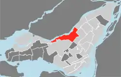 Location of Ahuntsic-Cartierville on the Island of Montreal.  (Dark grey areas indicate demerged municipalities).