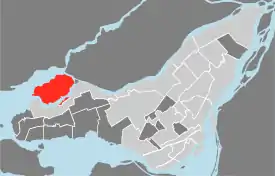 Location of L'Île-Bizard–Sainte-Geneviève on Island of Montreal.  (Gray areas indicate demerged municipalities).