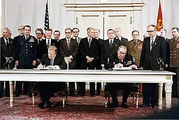 Image 45Soviet general secretary Leonid Brezhnev and US President Jimmy Carter sign the SALT II arms limitation treaty in Vienna on 18 June 1979. (from Soviet Union)