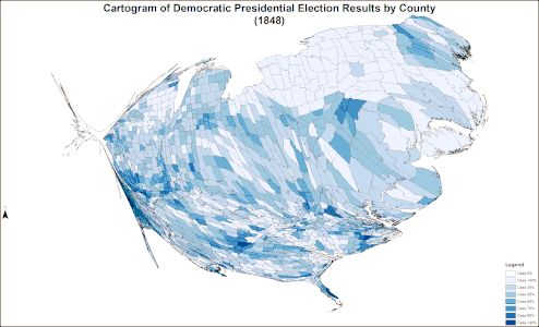 Cartogram of Democratic presidential election results by county