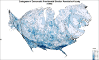 Cartogram of Democratic presidential election results by county