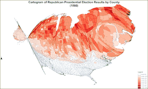 Cartogram of Republican presidential election results by county