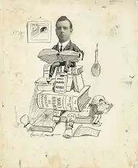 Cartoon of John Alexander Ferguson by Cecil Lawrence Hartt, 1910s. Titled "J.A.F., Barrister and Book Collector," published in Sydneyites As We See 'Em, 1915. Ferguson later authored the seven-volume Bibliography of Australia.