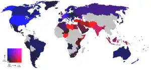 The more blue a country has, the more newspapers that printed the cartoons in that country. The more red a country has, the more major protests and boycotts a country had.