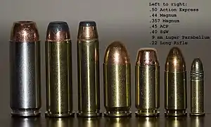 From left to right: .50 Action Express, .44 Magnum, .357 Magnum, .45 ACP, .40 S&W, 9mm Luger, .22 Long Rifle.