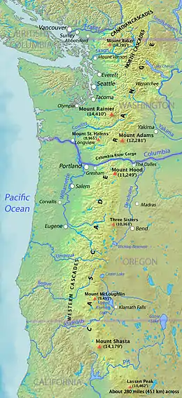 Image 29Map of the Cascade Range showing major volcanic peaks (from Cascade Range)