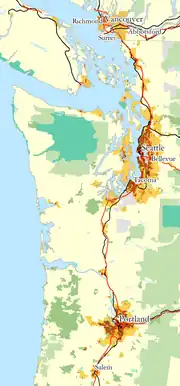 Image 24Map of "megacity", showing population density (shades of yellow/brown), highways (red), and major railways (black). Public land shown in shades of green. (from Pacific Northwest)