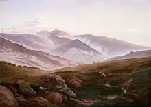 The Giant Mountains (1830–1835). 72 × 102 cm. Alte Nationalgalerie, Berlin. Friedrich sought  to explore the blissful enjoyment of a landscape as a reunion with the spiritual self through the contemplation of nature.