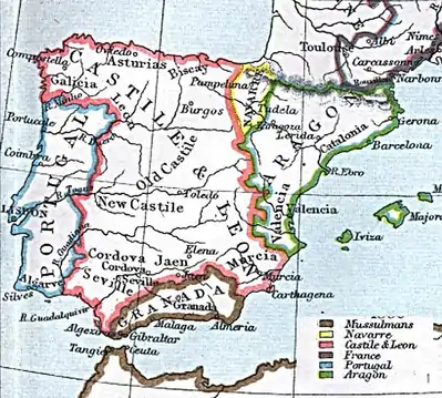 The five kingdoms of Iberia in 1360. The territory of the Emirate of Granada was reduced by 1482, as it lost its grasp on Gibraltar and other western territories.