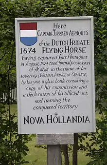 Image 9Marker commemorating the Dutch conquest of Acadia (1674), which they renamed New Holland. This is the spot where Jurriaen Aernoutsz buried a bottle at the capital of Acadia, Fort Pentagouet, Castine, Maine (from History of Maine)