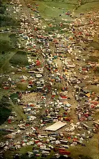 Sky view of the Castlemorton Festival site.