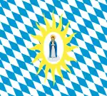 Virgin Mary, praying on a cloud, crowned with a glory; on a white oval; surrounded by a glory of yellow rays; on a field of white and blue lozenges, Bavarian style