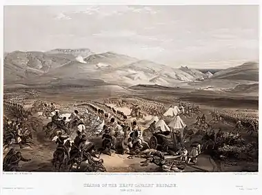 Image 10Battle of BalaclavaArtist: William Simpson; Restoration: NativeForeignerThe 6th (Inniskilling) Dragoons and 5th Dragoon Guards engage the Russians in this lithograph of the "Charge of the Heavy Brigade", a short engagement during the Battle of Balaclava during the Crimean War. Russian cavalry had attacked the British camp, but in roughly ten minutes of fighting, they suffered 40 to 50 killed and more than 200 wounded and were forced to retreat.More selected pictures