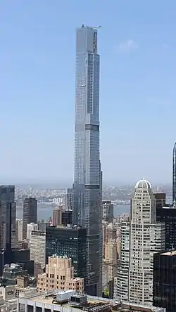 Central Park Tower as seen in April 2021, with several other skyscrapers surrounding it