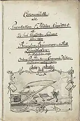 Handwritten title page of Bellman's Order chapter in memory of brandy-distiller Lundholm, with emblem of a pig lying drunk under a scythe, flanked by brandy bottles and tobacco pipes