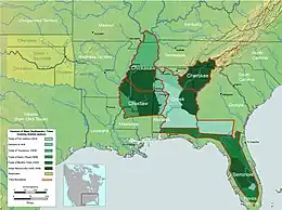 Map of the southern United States showing in dark green areas ceded by Indians.Clark & Guice 1996, pp. 233–243; Mahon 1962, pp. 350–354.