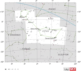 Diagram showing star positions and boundaries of the Cetus constellation and its surroundings