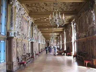 The Gallery of Francis I, connecting the King's apartments with the chapel, decorated between 1533 and 1539. It introduced the Italian Renaissance style to France.