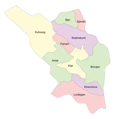 Location of Khanmirza County in Chaharmahal and Bakhtiari province (bottom, purple)