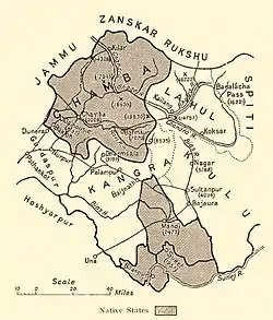 1911 map of the Princely States of the Shimla Hills showing the boundaries of Chamba State.