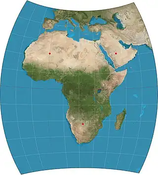 Image 4Chamberlin trimetric projectionMap: Strebe, using GeocartThe Chamberlin trimetric projection is a map projection where three points are fixed on the globe and the points on the sphere are mapped onto a plane by triangulation. It was developed in 1946 by Wellman Chamberlin for the National Geographic Society. It is neither conformal nor equal-area, but rather attempts to minimize distortion of distances everywhere with the side-effect of balancing between areal equivalence and conformality.More selected pictures