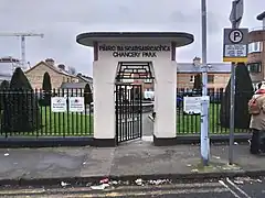 One of the stylised entrance gates into the park. Looking east.