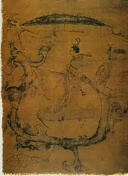 Image 20Silk painting depicting a man riding a dragon, painting on silk, dated to 5th–3rd century BC, Warring States period, from Zidanku Tomb no. 1 in Changsha, Hunan Province (from History of painting)