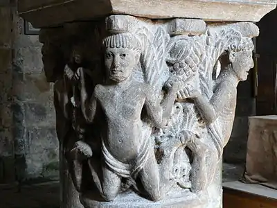 Romanesque capital with atlantes, Abbey of Saint-Pierre Mozac, Mozac, France