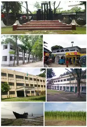 Skyline of Charbhadrasan, Faridpur, Bangladesh (clockwise from top):Central Shaheed Minar, Charbhadrasan Central Masque, Charbhadrasan Pilot High School, Jute Field, Gopalpur Ghat of Padma, Charbhadrasan Govt. College, Upazila Nirbahi Officer’s Office.