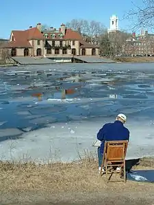 The Charles River from the Boston side, facing Weld Boathouse and the main campus of Harvard University in Cambridge