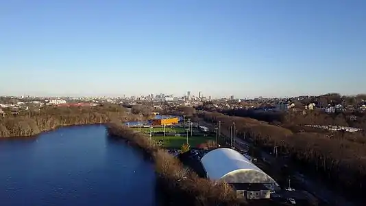 View of the Charles River, Community Rowing, Inc. and Boston from Nonantum