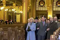 Camilla, Duchess of Cornwall, Prince Charles, and Chief Rabbi Róbert Frölich in the Dohány Street Synagogue, the largest synagogue in Europe