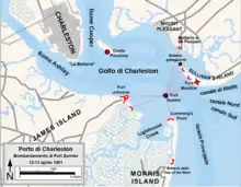 Map depicting Charleston harbor and the location of fortifications in 1861, with lines showing the paths of artillery fire against Fort Sumter