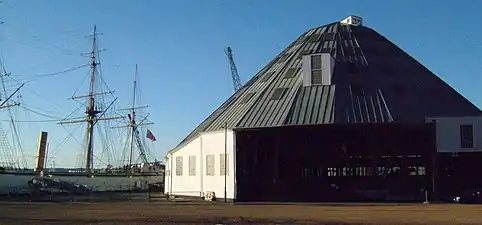 Royal Navy Dockyard, Chatham: No. 3 covered slip, 1838, a shed to keep the timbers of the ship under construction dry.HMS Gannet is on left.