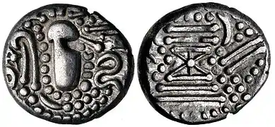 A Chaulukya-Paramara coin, circa 950-1050 CE. Stylized rendition of Chavda dynasty coins: Indo-Sassanian style bust right; pellets and ornaments around / Stylised fire altar; pellets around.