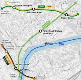 Map of Chelsea showing rail and tube lines