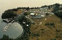 Aerial of Chenega Bay Village and boat harbor - Chenega Bay, Evans Island, 1989